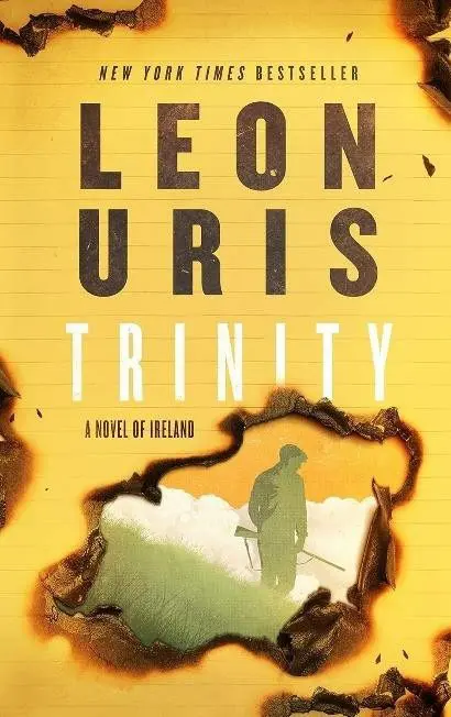 Book cover of "Trinity" by Leon Uris with a burning map and silhouette.