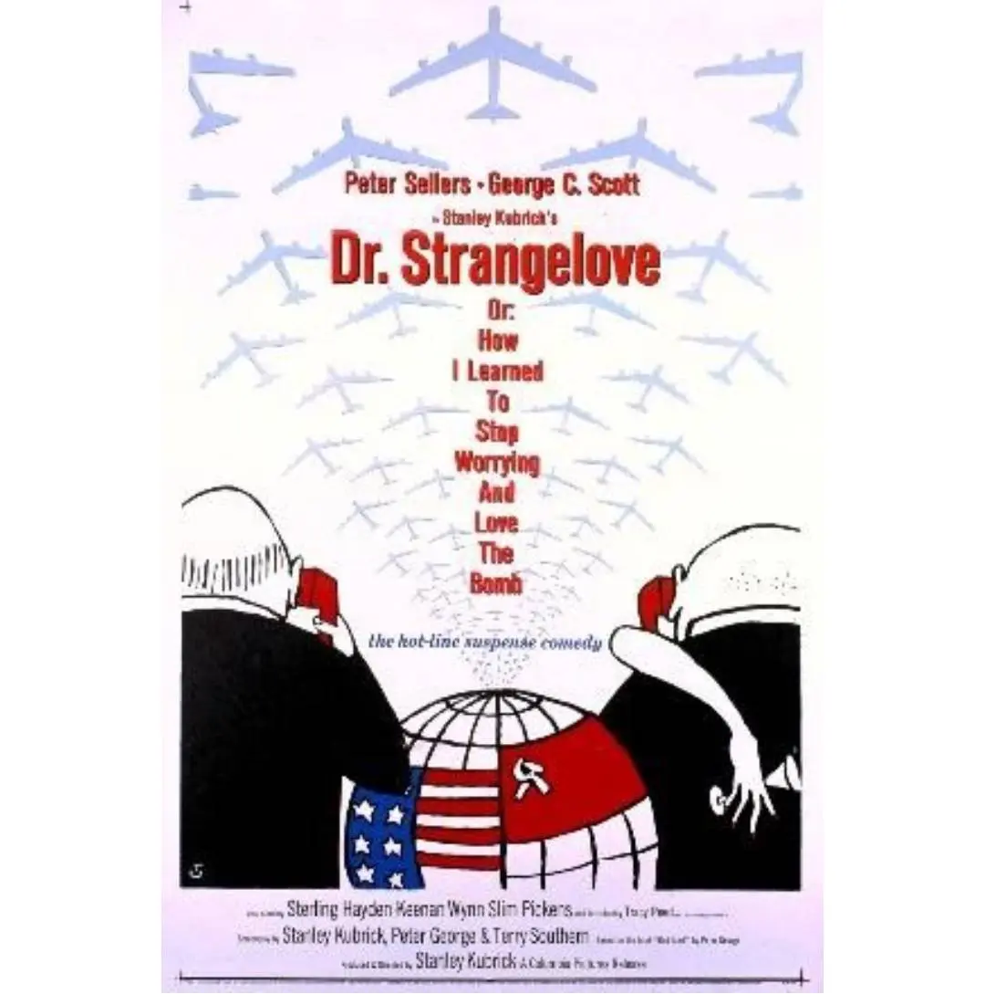 Poster for the film Dr. Strangelove with caricatures and planes.
