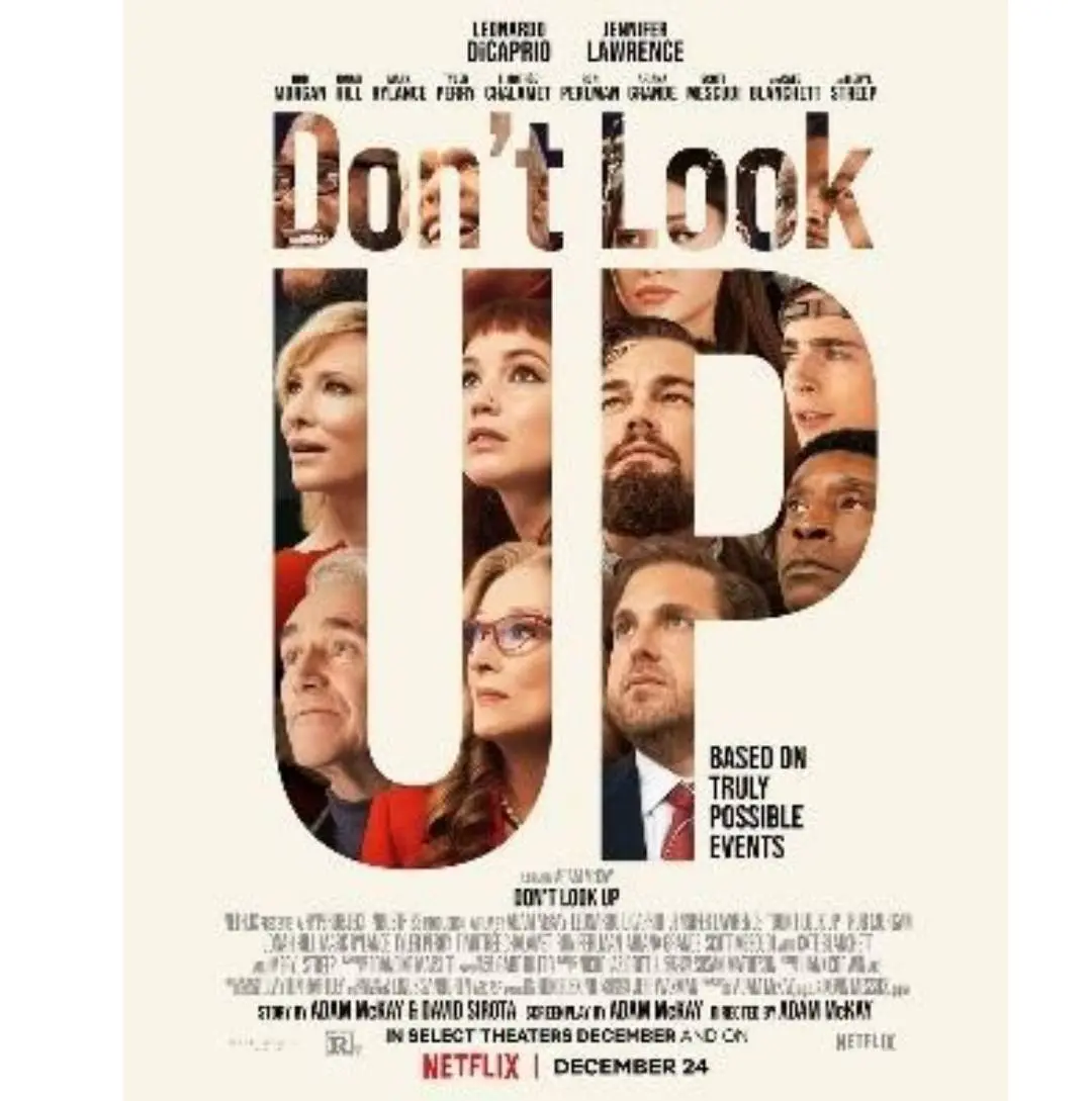 Movie poster for the thriller 'Don't Look Up' featuring main cast inside the title.
