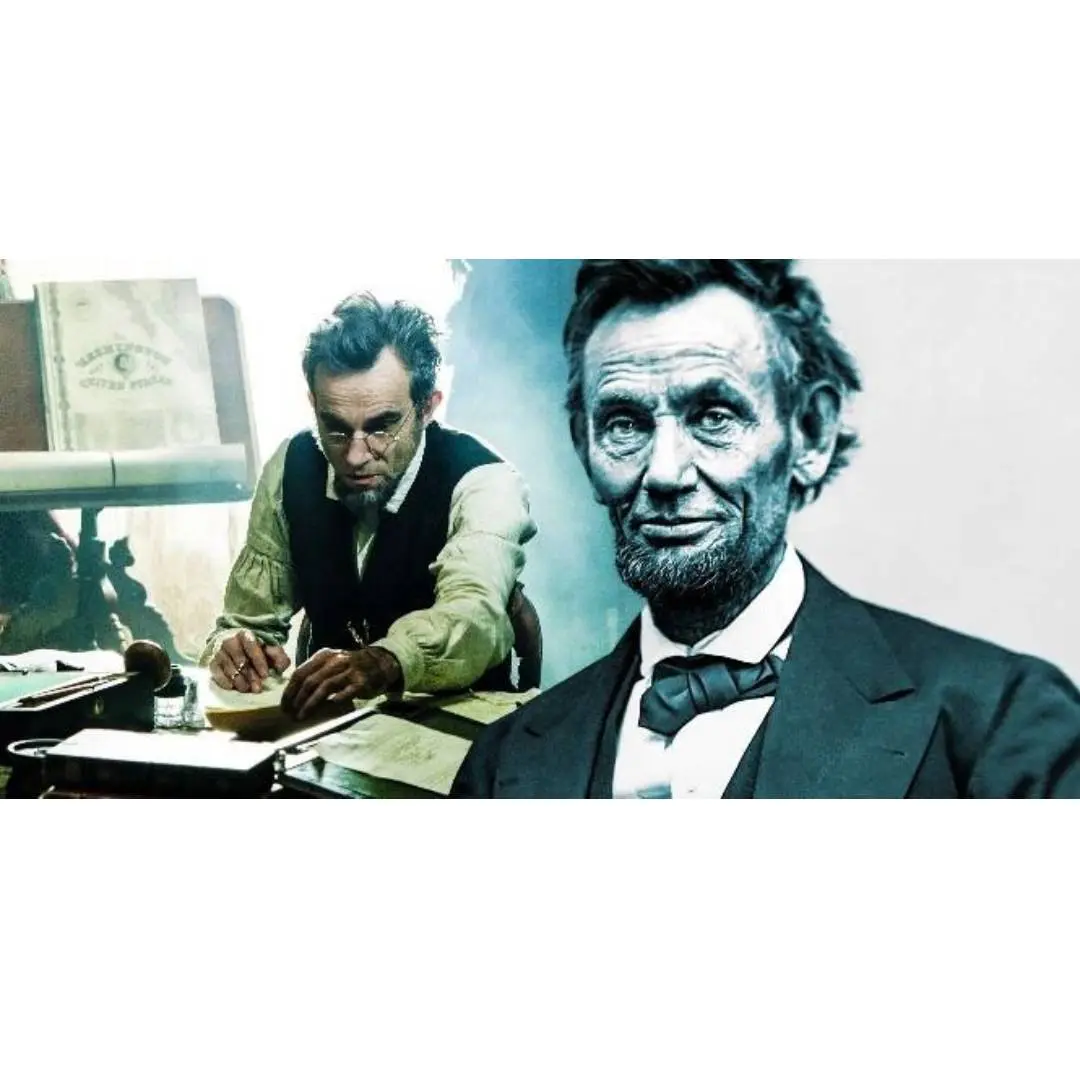 A black-and-white photograph of Abraham Lincoln with a man working at a desk in the background.