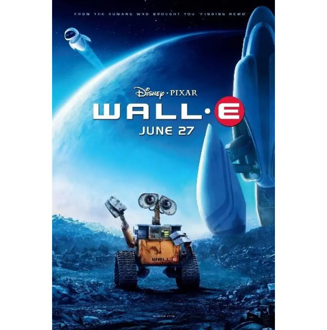 Poster of the animated movie WALL-E featuring the robot and a futuristic setting.