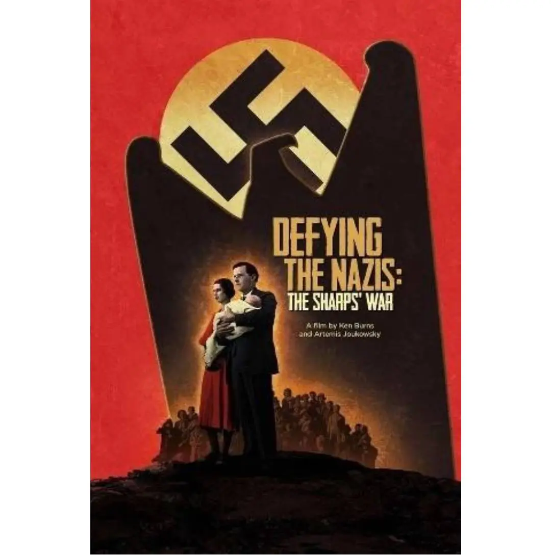 A dramatic poster shows a woman standing defiantly against a giant Nazi symbol.