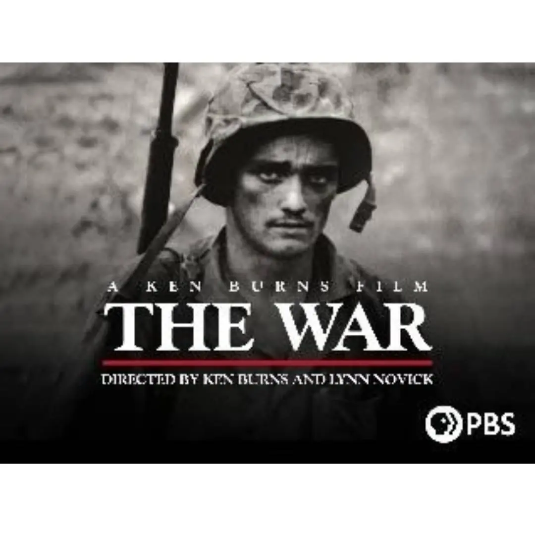 A soldier in a helmet with a rifle, promotional image for PBS documentary 'The War'.
