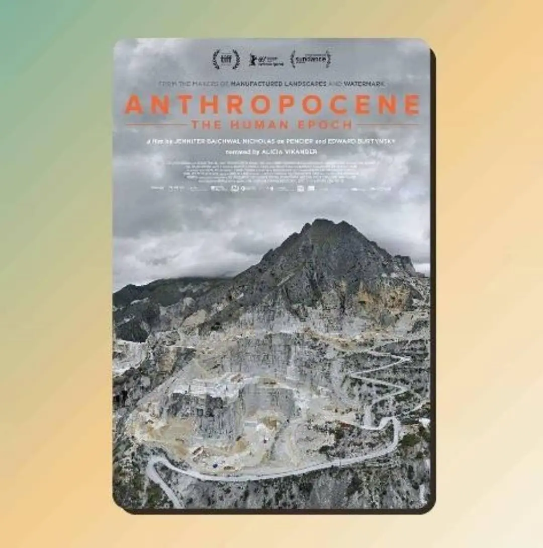 Cover of 'Anthropocene' showing a mountain mining site under a cloudy sky.
