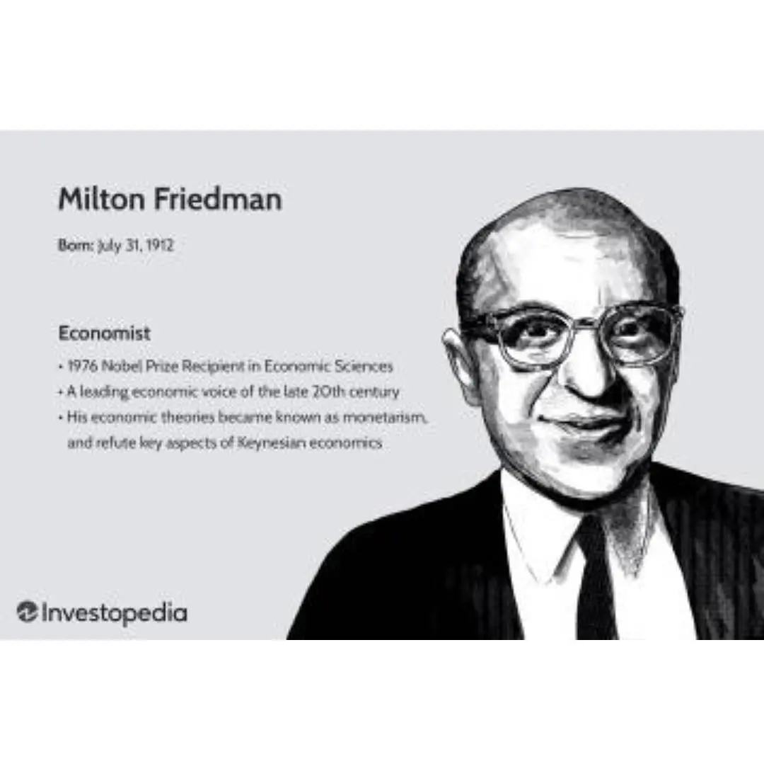 Portrait of economist Milton Friedman with a brief bio.