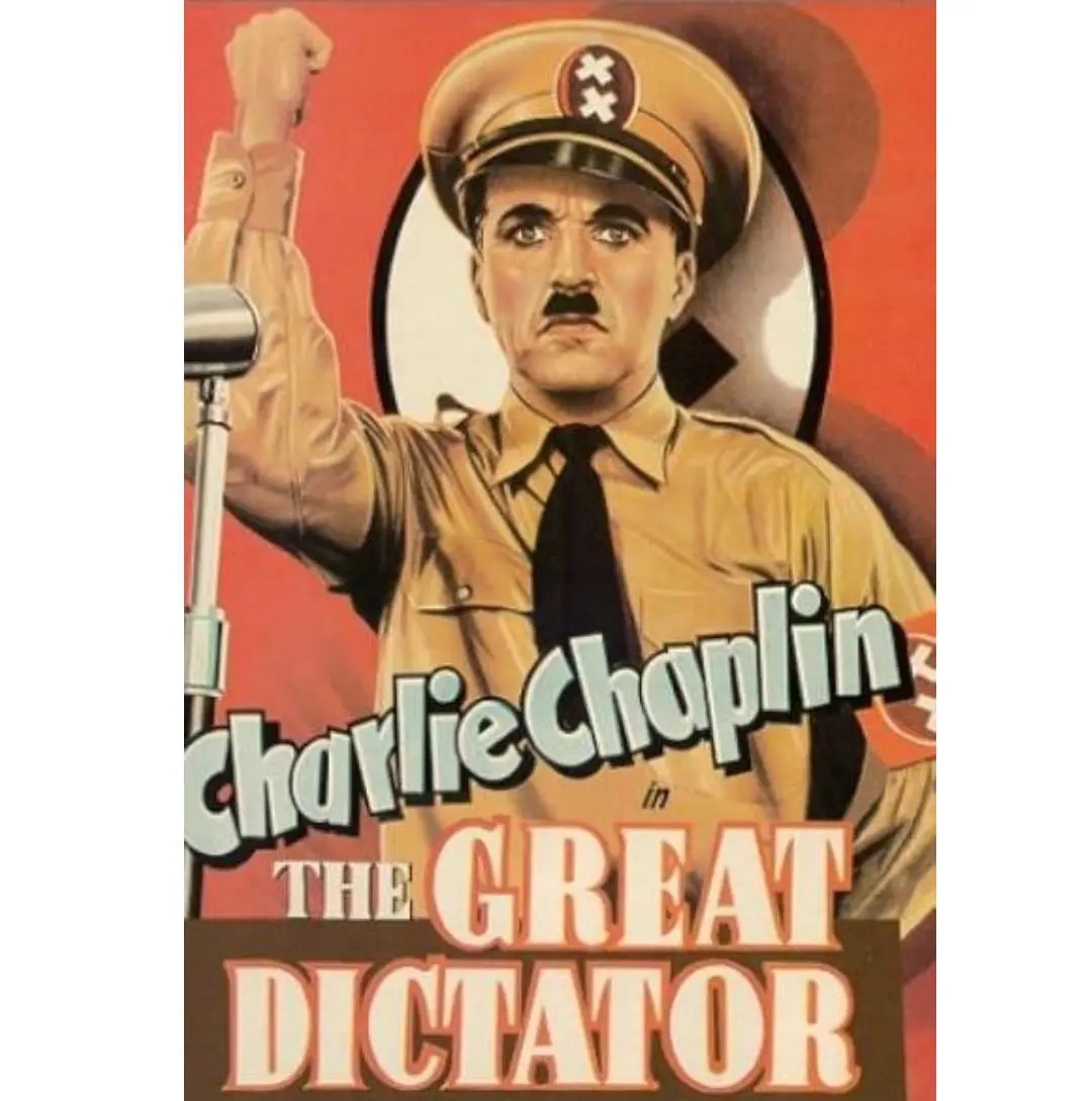 Charlie Chaplin in The Great Dictator film poster.