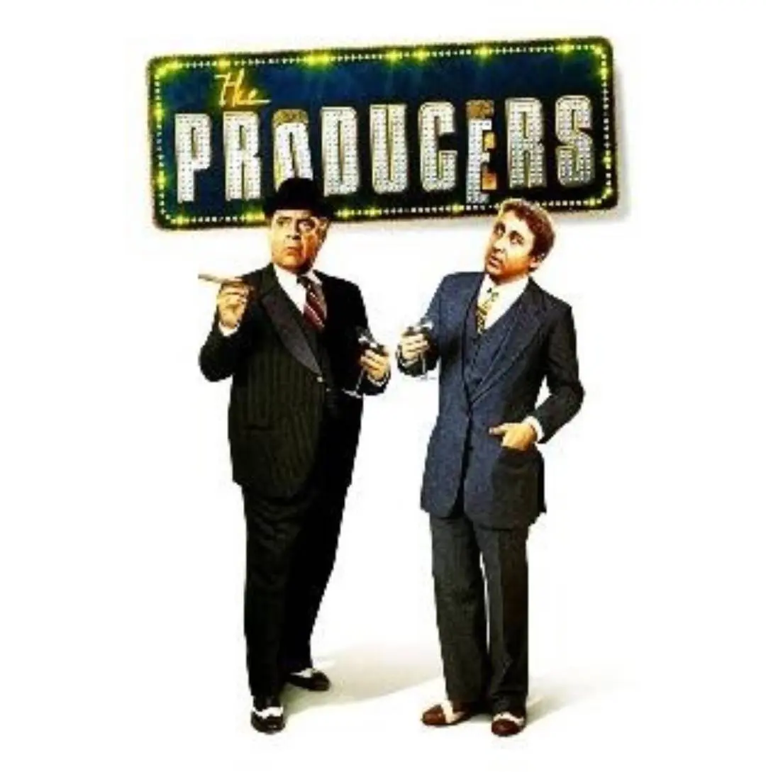 Two men in suits celebrating under a sign that reads 'The Producers'.