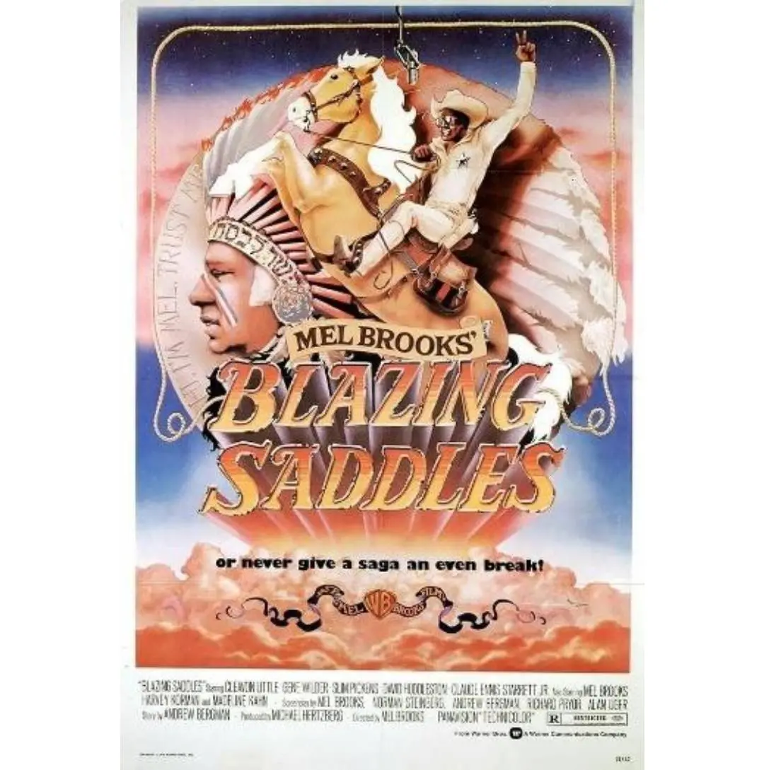 Poster of the movie "Blazing Saddles" featuring a cowboy on a horse.