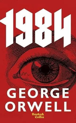 Close-up of a red book cover featuring an eye and '1984' by George Orwell.