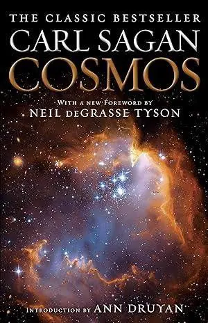 Cover of 'Cosmos' book with a cosmic nebula background and Neil deGrasse Tyson's foreword mentioned.