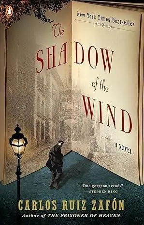 Cover of the novel 'Shadow of the Wind' featuring a foggy street scene with a cloaked figure.