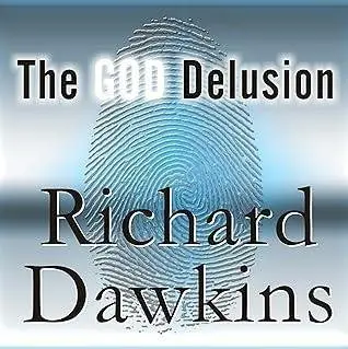 Book cover of 'The God Delusion' by Richard Dawkins with a fingerprint background.